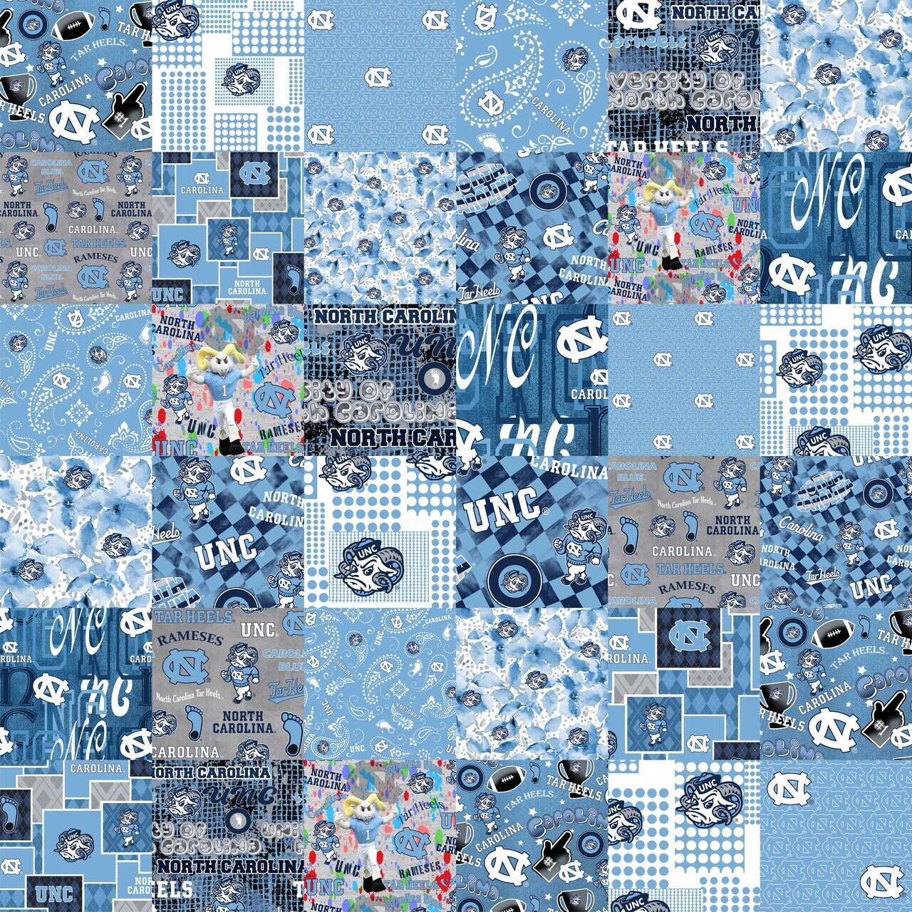 Sykel Enterprises-University of North Carolina Cheater Quilt Printed Cotton Fabric-UNC Tar Heels Cotton Fabric with Patchwork Cheater Quilt Print-60” Width